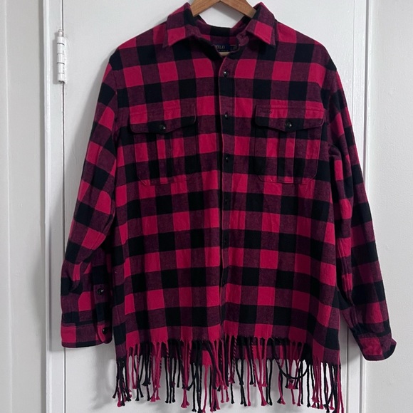 Polo Ralph Lauren Tops - POLO Ralph Lauren Women’s Country  Black & Red Check Flannel Fringe - Size L